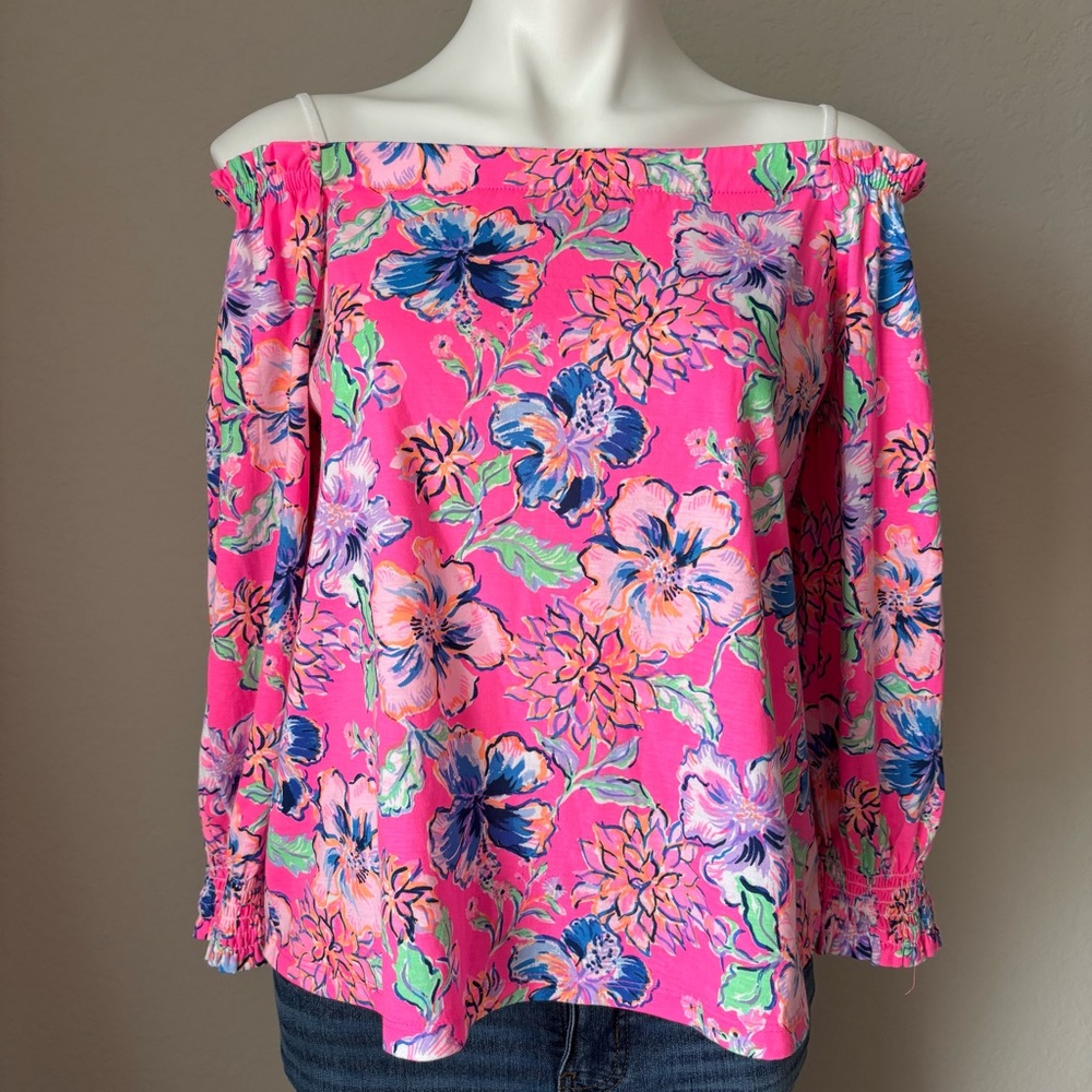Lilly Pulitzer Lessa Off The Shoulder Pink Isle Last Bud Not Least Floral Top M